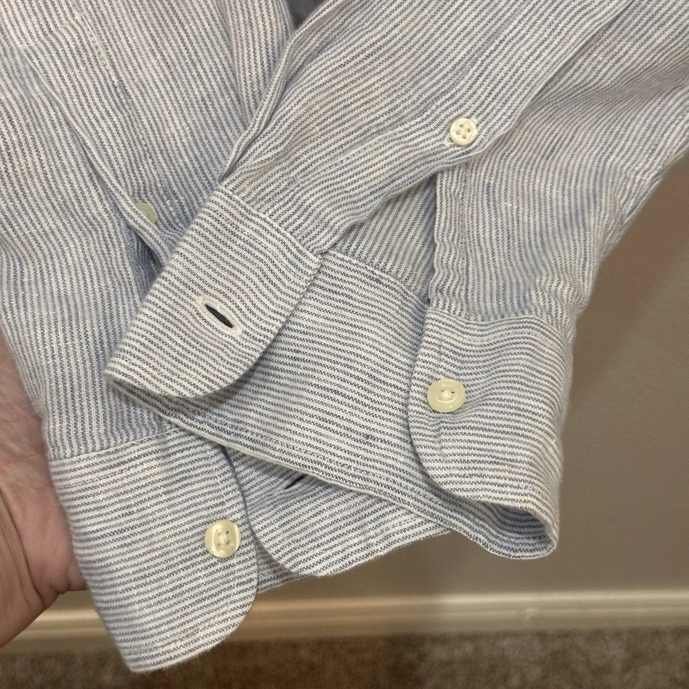 J Crew Mens Blue Striped Slim Fit Linen Long Sleeve Button Down Shirt M Preppy